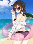  1girl adapted_costume ahoge ass beach bikini black_bikini black_hair blue_eyes blue_sky blurry braid clouds cowboy_shot depth_of_field from_behind hair_over_shoulder highres horizon innertube jacket kantai_collection kazama_gorou looking_at_viewer looking_over_sunglasses mountain open_clothes open_jacket shigure_(kantai_collection) single_braid sky solo sunglasses swimsuit white_jacket 