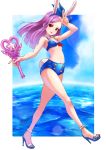  1girl absurdres animal_ears arm_up armpits bikini blue_bikini blue_swimsuit bunny_tail clouds commentary_request detached_collar elin_(tera) flat_chest hairband high_heels highres holding legs long_hair nail_polish navel nyama ocean open_mouth outdoors outstretched_arm purple_hair rabbit_ears red_eyes ribbon sandals shoes sky smile solo swimsuit tail tera_online v walking wand 