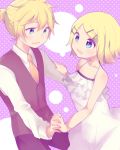  1boy 1girl adolescence_(vocaloid) aoi_choko_(aoichoco) bare_arms bare_shoulders blonde_hair brother_and_sister camisole close-up collarbone dancing eye_contact flat_chest flower hair_ornament hairclip halterneck hand_holding highres interlocked_fingers kagamine_len kagamine_rin looking_at_another necktie open_mouth polka_dot polka_dot_background shirt short_hair short_ponytail siblings sleeveless_blazer smile spaghetti_strap twins upper_body vocaloid white_camisole yellow_neckwear 