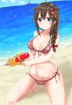  1girl ahoge alternate_costume bangs beach bikini blue_eyes blue_sky blush braid brown_hair bubble closed_mouth clouds day frown hair_flaps hair_ornament hair_over_shoulder highres holding_water_gun kantai_collection kneeling long_hair navel outdoors remodel_(kantai_collection) shigure_(kantai_collection) side-tie_bikini sidelocks single_braid sky solo sparkle stomach striped striped_bikini swimsuit thighs twitter_username water_gun wet yamamura_umi 