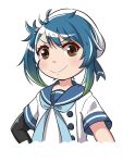  1girl blue_hair blue_neckwear blue_sailor_collar brown_eyes fukae_(kantai_collection) hat kantai_collection looking_at_viewer sailor_collar sailor_hat school_uniform serafuku short_hair simple_background smile solo upper_body white_background white_hat yukimi_unagi 