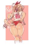  1girl animal_ears ass back blonde_hair bow dog_ears dog_tail gym_uniform hair_bow looking_back original poch4n ponytail shorts tail wedgie 