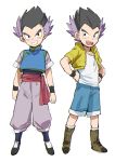 1boy :d alternate_costume arms_at_sides bidarian black_eyes black_hair boots chinese_clothes cosplay dragon_ball dragon_ball_super dragonball_z frown full_body gotenks hand_on_hip highres jacket male_focus multicolored_hair open_mouth purple_hair shirt short_hair shorts simple_background smile socks son_goten son_goten_(cosplay) spiky_hair teeth trunks_(dragon_ball) trunks_(dragon_ball)_(cosplay) two-tone_hair white_background white_legwear white_shirt wristband yellow_jacket 