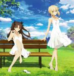  2girls ahoge artoria_pendragon_(all) barefoot bench black_ribbon blonde_hair blue_eyes blue_ribbon blue_sky breasts brown_hair cleavage clouds collarbone day dress eyebrows_visible_through_hair fate/stay_night fate_(series) full_body green_eyes hair_between_eyes hair_ribbon highres long_hair looking_at_viewer multiple_girls outdoors ribbon saber see-through_silhouette short_hair sidelocks sitting sky sleeveless sleeveless_dress small_breasts smile standing sundress tohsaka_rin twintails very_long_hair white_dress 