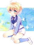  1boy :d ahoge arthur_pendragon_(fate) bangs between_legs blonde_hair blue_legwear blue_neckwear blue_shirt blush buttons chonkoo collared_shirt commentary_request eyebrows_visible_through_hair fate/prototype fate_(series) full_body green_eyes hair_between_eyes kneehighs loafers long_sleeves looking_at_viewer male_focus necktie open_mouth shiny shiny_hair shirt shoes shorts sitting smile solo star starry_background striped striped_shirt tie_clip waistcoat white_footwear white_shorts yokozuwari younger 