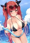  1girl artist_name azur_lane bikini blurry blurry_background blush breasts cleavage clouds collarbone commentary_request eyewear_on_head hair_ornament hair_ribbon highres honolulu_(azur_lane) hose kaetzchen large_breasts long_hair looking_at_viewer navel ocean red_eyes redhead ribbon sky solo standing sunglasses swimsuit twintails water 