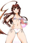  1girl ahoge animal_print bear_print bikini brown_eyes brown_hair cowboy_shot flat_chest from_below front-tie_top gluteal_fold hand_on_hip highres huge_ahoge inflatable_toy kantai_collection kuma_(kantai_collection) long_hair looking_at_viewer print_bikini side-tie_bikini simple_background smile sogabe_toshinori solo swimsuit twitter_username white_background white_bikini 