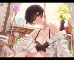  1girl alarm_clock bangs bare_shoulders black_bra book bookshelf bra breasts brown_hair cat cellphone charging cleavage clock closed_mouth clothes_down collarbone collared_shirt commentary curtains english_commentary flower head_tilt id_card indoors kamoboko lace lace_bra lanyard large_breasts licking_paw long_sleeves looking_at_viewer morning name_tag off_shoulder office_lady ol-chan_(norman_maggot) open_clothes original painttool_sai phone pixie_cut plant red_eyes shirt short_hair sitting smartphone solo underwear white_cat white_shirt window 