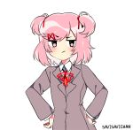  1girl :/ :d animated animated_gif artist_name commentary deal_with_it doki_doki_literature_club english_commentary hair_ornament hair_ribbon hairclip hand_on_hip hands_on_hips looking_at_viewer meme natsuki_(doki_doki_literature_club) open_mouth pink_eyes pink_hair ribbon savi_(byakushimc) school_uniform short_hair simple_background smile solo sunglasses two_side_up upper_body white_background 