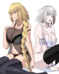  2girls bare_shoulders black_legwear black_panties blonde_hair blue_eyes blush bra braid breasts cleavage collarbone fate/grand_order fate_(series) grey_eyes grey_hair highres jeanne_d&#039;arc_(alter)_(fate) jeanne_d&#039;arc_(fate) jeanne_d&#039;arc_(fate)_(all) jewelry large_breasts lingerie long_hair looking_at_viewer multiple_girls navel necklace panties seeu short_hair sitting takara_joney thigh-highs underwear very_long_hair wariza white_bra 