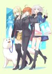  ahoge artoria_pendragon_(all) bag black_dress black_jacket black_ribbon blonde_hair blue_jacket boots casual cavall_the_2nd character_request coat coffee_cup cup disposable_cup dog dress drinking fate/grand_order fate_(series) food formal fujimaru_ritsuka_(female) full_body fur-trimmed_coat fur-trimmed_jacket fur-trimmed_sleeves fur_collar fur_trim halyou hamburger holding holding_cup jacket jeanne_d&#039;arc_(alter)_(fate) jeanne_d&#039;arc_(fate)_(all) jewelry knee_boots leash low_ponytail necklace necktie open_clothes open_coat open_jacket orange_hair pant_suit pants paper_bag ponytail ribbon saber_alter shopping_bag short_dress shorts smile suit thigh-highs thigh_boots wicked_dragon_witch_ver._shinjuku_1999 yellow_eyes zettai_ryouiki 