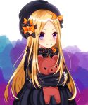  1girl abigail_williams_(fate/grand_order) bangs black_bow black_dress black_hat blonde_hair blush bow closed_mouth commentary_request dress eyebrows_visible_through_hair fate/grand_order fate_(series) forehead hair_bow hat highres long_hair long_sleeves looking_at_viewer object_hug orange_bow parted_bangs polka_dot polka_dot_bow sleeves_past_fingers sleeves_past_wrists smile solo stuffed_animal stuffed_toy teddy_bear very_long_hair violet_eyes yuuki_(snow-rain00) 