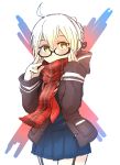  1girl artoria_pendragon_(all) brown_eyes character_request checkered checkered_scarf coat commentary_request fate/grand_order fate_(series) garter_straps glasses highres hood hooded_jacket jacket mysterious_heroine_x_(alter) overcoat pleated_skirt scarf shiromanta short_hair skirt white_hair 