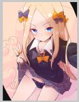  1girl abigail_williams_(fate/grand_order) bangs black_bow black_neckwear black_panties black_sweater blonde_hair blue_eyes blush bow bow_panties bowtie caburi cardigan fate/grand_order fate_(series) forehead grey_skirt hand_gesture highres long_hair long_sleeves looking_at_viewer orange_bow orange_neckwear panties parted_bangs plaid plaid_skirt pleated_skirt polka_dot polka_dot_bow self_shot sitting skirt skirt_lift skull_print smile solo stuffed_animal stuffed_toy sweater teddy_bear thighs underwear v 