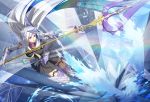  1girl abstract_background armor armored_dress black_skirt blue_background brynhildr_(fate) brynhildr_romantia cross_akiha fate/grand_order fate/prototype fate/prototype:_fragments_of_blue_and_silver fate_(series) full_body gloves greaves highres holding holding_spear holding_weapon long_hair looking_to_the_side polearm sailor_collar skirt solo spear thigh-highs violet_eyes weapon white_hair white_sailor_collar zettai_ryouiki 