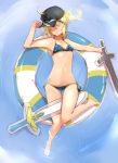  1girl ahoge artoria_pendragon_(all) barefoot bikini black_hat blue_bikini blue_eyes breasts collarbone dark_excalibur e_mishi excalibur fate/grand_order fate_(series) from_above full_body groin hat hat_over_one_eye holding holding_sword holding_weapon innertube looking_at_viewer mysterious_heroine_x navel side-tie_bikini small_breasts smile soaking_feet solo swimsuit sword water weapon 