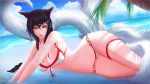  1girl ahri animal_ears bikini black_hair blue_sky breasts closed_mouth clouds facial_mark fox_ears fox_tail highres large_breasts league_of_legends lips long_hair looking_at_viewer mcdobo multiple_tails sky smile solo swimsuit tail thigh_strap water wet whisker_markings yellow_eyes 