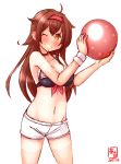  1girl artist_logo ball bikini black_bikini black_bikini_top brown_eyes brown_hair commentary_request cowboy_shot dated front-tie_top grin hair_flaps hairband highres kanon_(kurogane_knights) kantai_collection long_hair looking_at_viewer navel one_eye_closed red_hairband remodel_(kantai_collection) shiratsuyu_(kantai_collection) short_shorts shorts simple_background smile solo swimsuit white_background white_shorts wristband 
