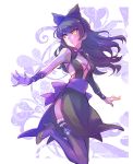  1girl asymmetrical_sleeves black_hair black_legwear blake_belladonna bow cleavage_cutout collarbone dress hair_bow high_heels highres iesupa long_hair paw_print rwby solo thigh-highs yellow_eyes 