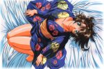  1girl barefoot bed_sheet brown_hair collarbone floral_print green_eyes japanese_clothes kimono long_hair looking_at_viewer lying on_back parted_lips short_hair solo yokota_mamoru yukata 