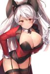  1girl alternate_costume animal_ears antenna_hair azur_lane bangs black_legwear black_leotard breasts bunny_girl bunny_tail bunnysuit card covered_navel detached_collar eyebrows_visible_through_hair eyes_visible_through_hair fake_animal_ears fishnets garter_straps gloves hand_on_hip highres jacket large_breasts leaning_forward leotard long_sleeves looking_at_viewer motokonut multicolored_hair playing_card prinz_eugen_(azur_lane) rabbit_ears red_jacket shiny shiny_skin silver_hair spade_(shape) swept_bangs tail thigh-highs two_side_up white_gloves wrist_cuffs 