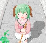  1girl ^_^ animal_ears bamboo_broom blush bobby_socks broom closed_eyes closed_eyes commentary_request day eyebrows_visible_through_hair facing_viewer fang feet_out_of_frame from_above green_hair hair_between_eyes highres holding holding_broom hoya_(bismuth83) kasodani_kyouko leaf long_sleeves open_mouth outdoors pink_shirt sett shadow shirt short_hair skirt smile socks solo touhou undershirt walkway white_legwear white_skirt 