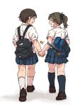  2girls bag bag_charm blue_legwear blush bookbag brown_hair charm_(object) closed_eyes hand_holding heart kneehighs m_k multiple_girls original plaid plaid_skirt ponytail short_hair shot skirt sleeves_rolled_up smile white_background 