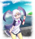  1girl :d bird_tail black-tailed_gull_(kemono_friends) blue_sky breasts clouds commentary day dress eyebrows_visible_through_hair frilled_dress frills grey_hair hair_between_eyes hand_up head_wings highres kemono_friends long_hair looking_at_viewer marine_day multicolored_hair multiple_girls nina_yuki ocean open_mouth outdoors pantyhose short_sleeves sky smile solo tail white_background white_hair wristband yellow_eyes yellow_legwear 