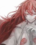  1other androgynous colored_eyelashes crack gem gloves highres houseki_no_kuni long_hair looking_at_viewer open_clothes open_shirt padparadscha_(houseki_no_kuni) red_eyes redhead signature smile solo upper_body wavy_hair white_background white_skin 