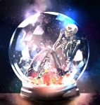  bone commentary english english_commentary flower highres leaf mochika night night_sky no_humans orange_flower original petals pink_flower red_flower skeleton skull sky snow_globe star star_(sky) starry_background starry_sky yellow_flower 