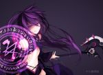  1girl absurdres aisha_(elsword) breasts detached_sleeves elsword floating_hair grey_background grin hair_between_eyes highres long_hair looking_at_viewer magic_circle midriff navel oz_sorcerer_(elsword) poleaxe purple_hair shiliuye_feiyu simple_background small_breasts smile solo standing stomach under_boob very_long_hair violet_eyes 