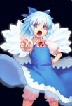  1girl black_background bloomers blue_bow blue_dress blue_eyes blue_hair bow cirno commentary_request cowboy_shot dress eyebrows_visible_through_hair foreshortening glowing glowing_wings hair_bow hand_on_hip ice ice_wings kaiza_(rider000) looking_at_viewer neck_ribbon open_mouth pinafore_dress pointing pointing_at_viewer puffy_short_sleeves puffy_sleeves red_neckwear red_ribbon ribbon shirt short_hair short_sleeves simple_background solo standing touhou underwear v-shaped_eyebrows white_shirt wing_collar wings 