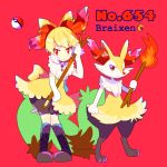  1girl black_footwear bloomers bow braixen character_name dress fire full_body furry gen_6_pokemon hair_bow holding holding_stick holding_torch jewelry looking_at_viewer mameeekueya moemon necklace personification poke_ball pokemon pokemon_(creature) pokemon_number red_background red_eyes simple_background smile stick tail torch underwear yellow_dress 