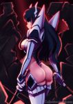  1girl absurdres ass black_hair blue_eyes boots breasts caffeccino cleavage_cutout commentary dual_wielding english_commentary epic from_behind highres holding huge_filesize junketsu kamui_(kill_la_kill) katana kill_la_kill kiryuuin_satsuki large_breasts long_hair looking_back revealing_clothes serious sideboob sideways_mouth solo sword thick_eyebrows thigh-highs thigh_boots thong wakizashi watermark weapon web_address 