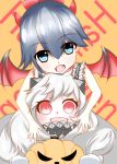  afro_(5426362) blush demon_horns demon_wings fang halloween highres horns houshou_(kantai_collection) jack-o&#039;-lantern kantai_collection long_hair mittens northern_ocean_hime ponytail pumpkin shinkaisei-kan translation_request wings 