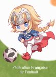  1girl ball blonde_hair blue_eyes braid cape chibi closed_mouth commentary_request fate/apocrypha fate/grand_order fate_(series) flag french_flag headpiece highres jeanne_d&#039;arc_(fate) jeanne_d&#039;arc_(fate)_(all) long_braid long_hair simple_background single_braid smile soccer_ball soccer_uniform solo spirit_(624793092) sportswear very_long_hair 