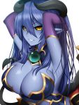  1girl armpits arms_up astaroth_(shinrabanshou) black_sclera blue_hair blue_skin breasts bridal_gauntlets demon demon_girl demon_horns earrings gloves grin hair_between_eyes heart heart_earrings highres horns jewelry large_breasts long_hair looking_at_viewer mofuaki parted_lips pointy_ears purple_gloves shinrabanshou shiny shiny_hair shiny_skin simple_background skindentation smile solo succubus teeth white_background wings yellow_eyes 