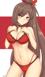  arciealbano azur_lane bangs bikini blush breasts brown_hair cleavage collarbone cowboy_shot eyebrows_visible_through_hair gluteal_fold groin hair_ornament highres large_breasts long_hair looking_at_viewer navel ponytail red_bikini shiny shiny_skin sidelocks signature skindentation smile stomach swimsuit thighs very_long_hair wet zuikaku_(azur_lane) 