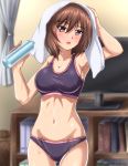  1girl bangs black_bra black_panties blurry blurry_background blush book bookshelf bottle bra breasts brown_eyes brown_hair cleavage commentary_request cowboy_shot curtains depth_of_field eyebrows_visible_through_hair girls_und_panzer gluteal_fold hand_on_own_head highres holding holding_bottle indoors looking_at_viewer medium_breasts navel nishizumi_maho open_mouth panties short_hair solo sports_bra standing sweat television towel towel_on_head underwear underwear_only water_bottle white_towel zanntetu 