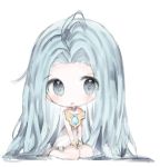  1girl :o ahoge bangs bare_shoulders blue_eyes blue_hair blush chibi collarbone commentary_request cottontailtokki dress eyebrows_visible_through_hair forehead full_body granblue_fantasy hands_on_lap lyria_(granblue_fantasy) parted_bangs parted_lips sitting solo strapless strapless_dress wariza white_background white_dress 