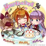  3girls artist_request black_bikini_top black_dress blue_eyes brown_hair cake chibi company_name cup dress eating food food_on_face fork gambanteinn gungnir_(phantom_of_the_kill) hair_ribbon happy_birthday headband heart highres lavender_hair long_hair long_sleeves mole mole_under_eye multicolored_hair multiple_girls official_art orange_hair othinus_(phantom_of_the_kill) phantom_of_the_kill ponytail ribbon scarf short_hair sleeping slice_of_cake table teacup teapot two-tone_hair zzz 