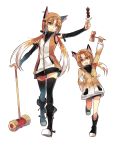  2girls :d animal_ears arm_up black_footwear black_legwear black_shorts blonde_hair brown_eyes dango detached_sleeves eyebrows_visible_through_hair food fox_ears full_body hair_between_eyes hair_ornament highres holding holding_food holding_hammer hood hooded_jacket index_finger_raised jacket long_hair multicolored_hair multiple_girls namiey open_mouth original partially_unzipped short_shorts shorts silver_hair sleeveless_jacket smile standing standing_on_one_leg thigh-highs transparent_background twintails two-tone_hair very_long_hair wagashi zettai_ryouiki 