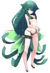  1girl absurdly_long_hair bangs bare_arms bare_shoulders black_bra black_footwear black_panties blush bow bow_bra bra breasts closed_mouth commentary_request gatchaman_crowds green_eyes green_hair green_ribbon groin hair_between_eyes hair_flaps highres holding karukan_(monjya) leg_garter long_hair looking_at_viewer low-tied_long_hair navel panties ribbon ribbon-trimmed_bra ribbon_trim shoes sidelocks simple_background small_breasts solo standing underwear utsutsu very_long_hair white_background 