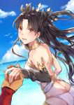  1girl archer armlet ass bangs bare_shoulders beach bikini bird black_hair black_ribbon blue_sky blush butt_crack clouds comeow1208 commentary crown dark_skin dark_skinned_male day earrings eyebrows_visible_through_hair fate/grand_order fate/stay_night fate_(series) fingernails floating_hair gem hair_ribbon hand_holding hoop_earrings horizon ishtar_(fate/grand_order) jewelry long_hair looking_at_viewer looking_to_the_side neck_ring ocean open_mouth out_of_frame outdoors panties parted_bangs pov red_eyes ribbon shiny shiny_hair shoulder_blades single_detached_sleeve sky solo_focus sparkle standing symbol_commentary tohsaka_rin two_side_up underwear very_long_hair white_panties wind 