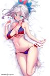  1girl bare_legs bare_shoulders barefoot bed_sheet bikini blue_eyes blush breasts commentary_request earrings fate/grand_order fate_(series) front-tie_bikini front-tie_top groin hair_ornament hong_(white_spider) jewelry large_breasts long_hair looking_at_viewer miyamoto_musashi_(fate/grand_order) navel parted_lips ponytail purple_bikini side-tie_bikini sidelocks silver_hair solo swimsuit 