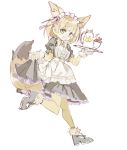  1girl alternate_costume animal_ears apron blonde_hair bow bowtie commentary_request cup curtsey enmaided eyebrows_visible_through_hair fennec_(kemono_friends) fox_ears fox_tail fur_trim gloves kemono_friends konabetate maid maid_apron maid_dress maid_headdress short_hair solo tail teacup teapot thigh-highs tray 