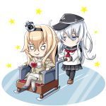  2girls anchor_symbol black_legwear black_skirt blonde_hair braid chibi commentary_request corset crown dress flat_cap flower french_braid hair_between_eyes hairband hat hibiki_(kantai_collection) highres jewelry kantai_collection lone_wolf_and_cub long_hair long_sleeves mini_crown multiple_girls neckerchief necklace off-shoulder_dress off_shoulder parody peaked_cap pleated_skirt red_flower red_ribbon red_rose ribbon rose school_uniform serafuku silver_hair skirt thigh-highs tk8d32 warspite_(kantai_collection) white_dress 