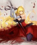  1girl absurdres bare_shoulders black_legwear blonde_hair blood breasts cleavage commentary_request dress elbow_gloves fur_trim gloves highres holding holding_sword holding_weapon kiss-shot_acerola-orion_heart-under-blade kosyuz large_breasts long_hair monogatari_(series) older planted_sword planted_weapon red_dress sideboob sitting strapless strapless_dress sword vampire very_long_hair weapon yellow_eyes 