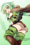  1girl aqua_hair ass black_gloves breasts cloak commentary_request dagger elf eyebrows_visible_through_hair flat_ass from_below gloves goblin_slayer! greaves green_eyes high_elf_archer_(goblin_slayer!) highres hood hood_down open_mouth pointy_ears sanagi_(diohazard) short_hair_with_long_locks shorts small_breasts solo thigh-highs weapon 