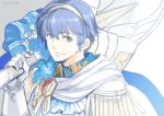  1boy blue_eyes blue_flower blue_hair cape crest fire_emblem fire_emblem:_mystery_of_the_emblem fire_emblem_heroes flower formal gloves groom looking_at_viewer marth short_hair smile solo tiara toyo_sao tuxedo weapon white_gloves 